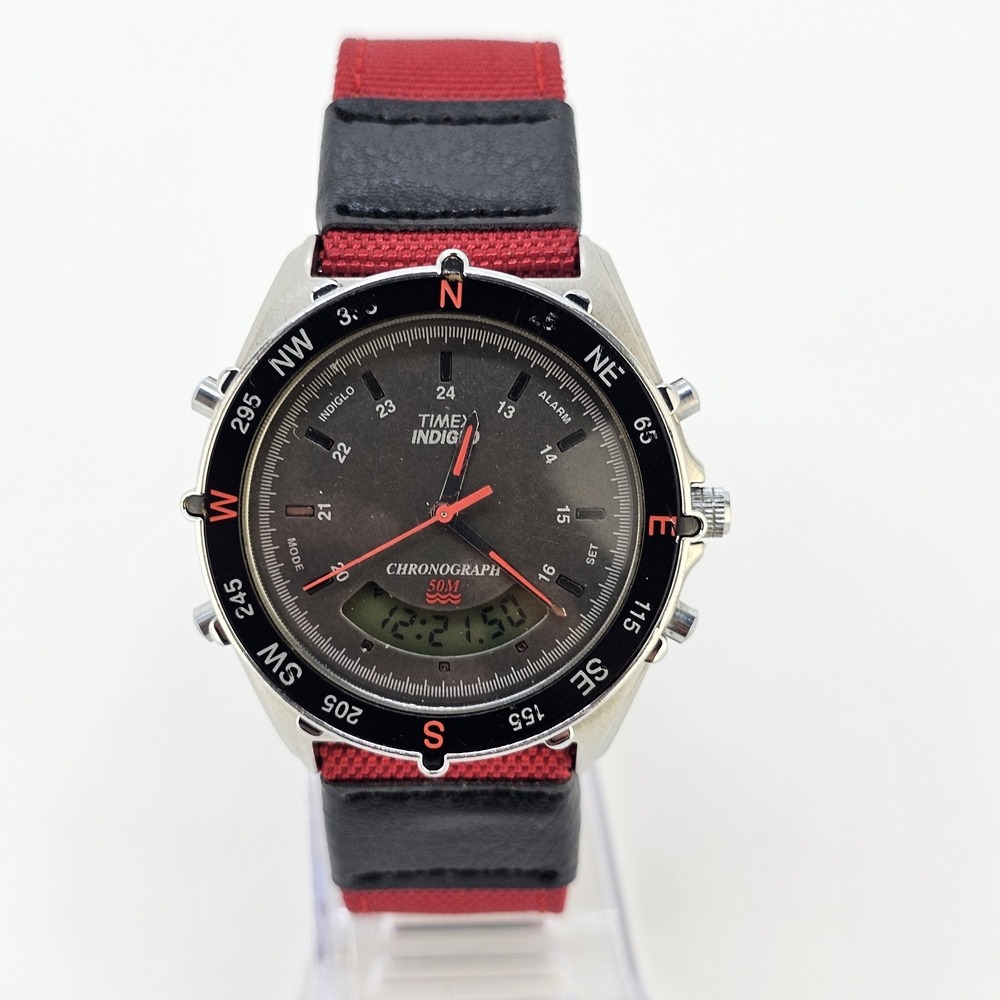 VTG Timex Analog Digital Men's Watch 40MM Brown Dial New Red Bands New Battery